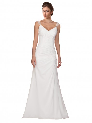 Chapel Train Sleeveless Soft Chiffon Ivory V-Neck Sheath Wedding Dress Colchester