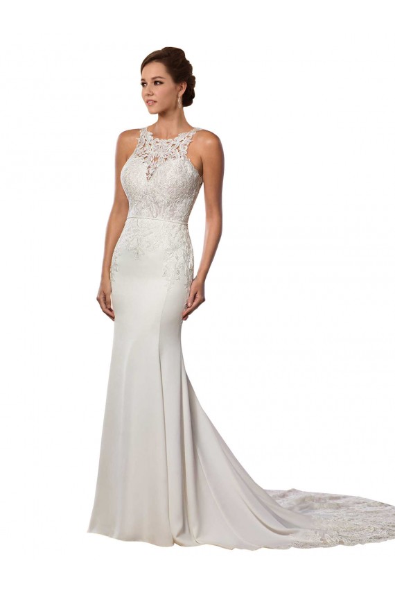 Chapel Train Sleeveless Lace Ivory Sheath Modern Wedding Dress Colchester