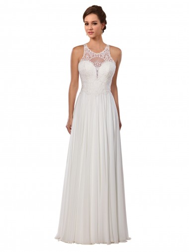 Chapel Train Sleeveless Soft Chiffon Ivory Illusion Neck Sheath Wedding Dress Colchester