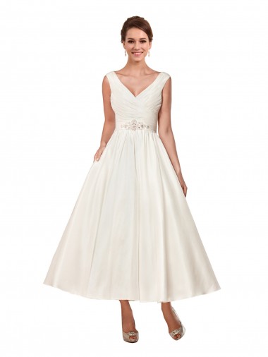 Ankle Length Sleeveless Satin Ivory A-Line Wedding Dress Colchester