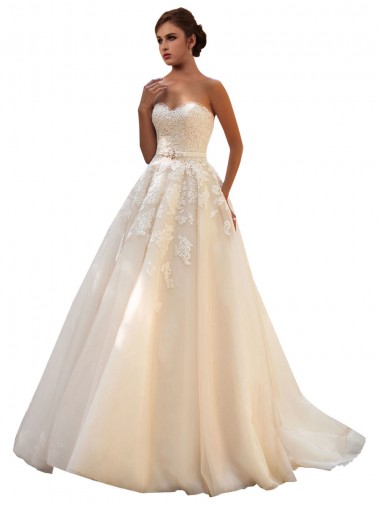 Chapel Train Sleeveless Tulle & Lace Ivory & Champagne Ball Gown Wedding Dress Colchester