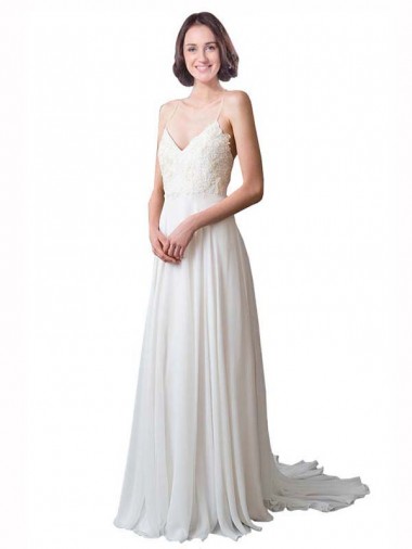 Chapel Train Sleeveless Soft Chiffon & Lace Ivory A-Line Beach Wedding Dress Colchester