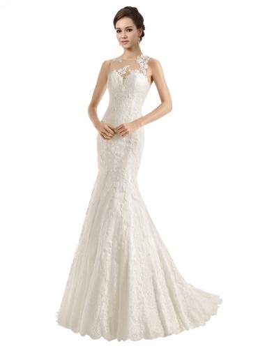 Chapel Train Sleeveless Lace Ivory Illusion Neck Mermaid Wedding Dress Colchester