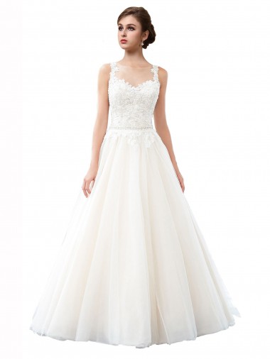 Cathedral Train Sleeveless Tulle & Lace Ivory A-Line Beach Wedding Dress Colchester