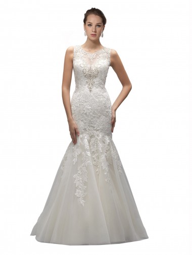 Sweep Train Sleeveless Tulle & Lace Ivory Mermaid Wedding Dress Colchester