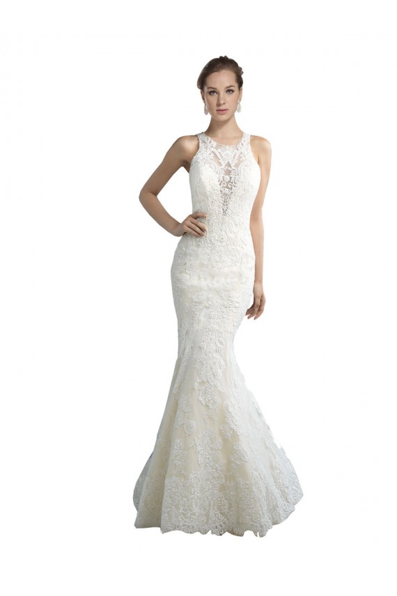 Chapel Train Sleeveless Tulle Ivory Illusion Neck Mermaid Beach Wedding Dress Colchester