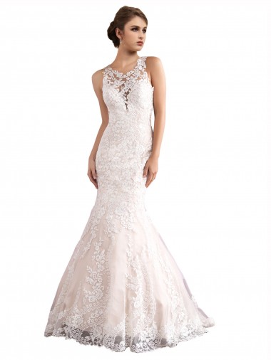 Cathedral Train Sleeveless Tulle & Lace Ivory & Champagne Mermaid Wedding Dress Colchester