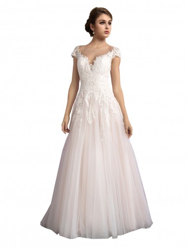 Cathedral Train Cap Sleeves Tulle & Lace Ivory & Champagne A-Line Beach Wedding Dress Colchester