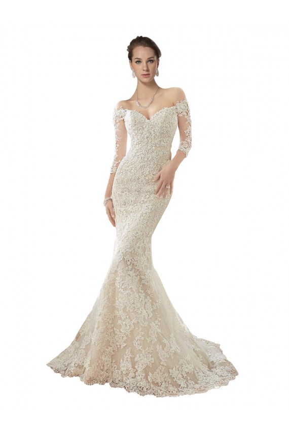Chapel Train Long Sleeves Tulle & Lace Ivory & Champagne Mermaid Wedding Dress Colchester