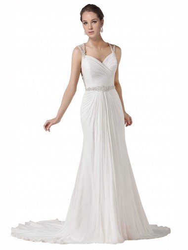 Chapel Train Sleeveless Soft Chiffon White Sheath Beach Wedding Dress Colchester