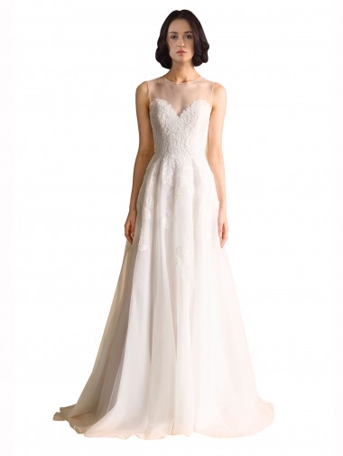 Chapel Train Sleeveless Tulle Ivory Illusion Neck A-Line Wedding Dress Colchester