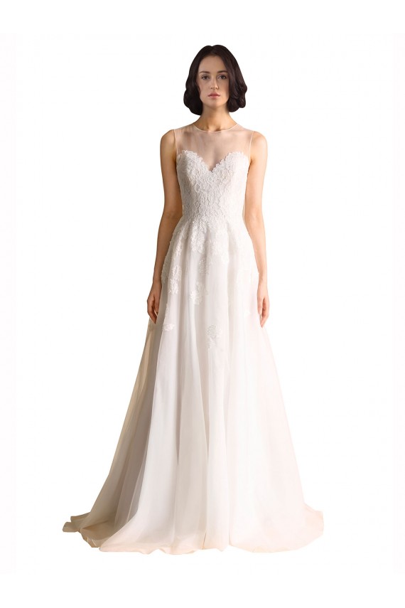 Chapel Train Sleeveless Tulle Ivory Illusion Neck A-Line Wedding Dress Colchester