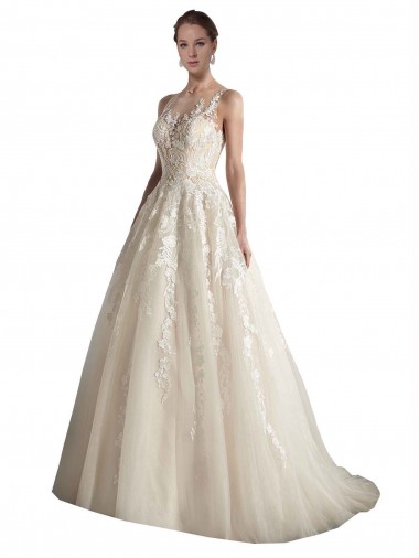 Chapel Train Sleeveless Tulle Ivory & Champagne Illusion Neck A-Line Wedding Dress Colchester