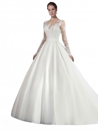 Cathedral Train Long Sleeves Satin & Lace White A-Line Wedding Dress Colchester