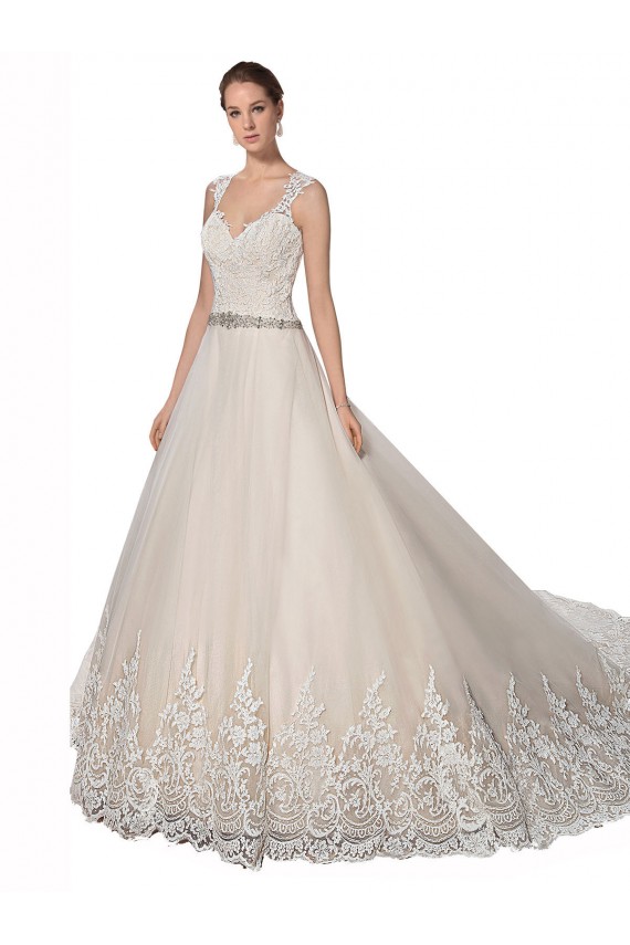 Chapel Train Sleeveless Tulle & Lace Ivory & Champagne Sweetheart A-Line Wedding Dress Colchester
