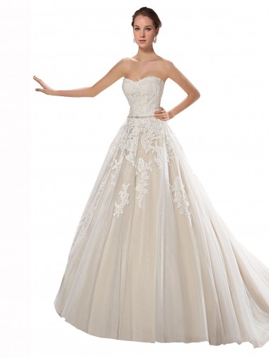 Chapel Train Sleeveless Tulle & Lace Ivory & Champagne Strapless A-Line Wedding Dress Colchester