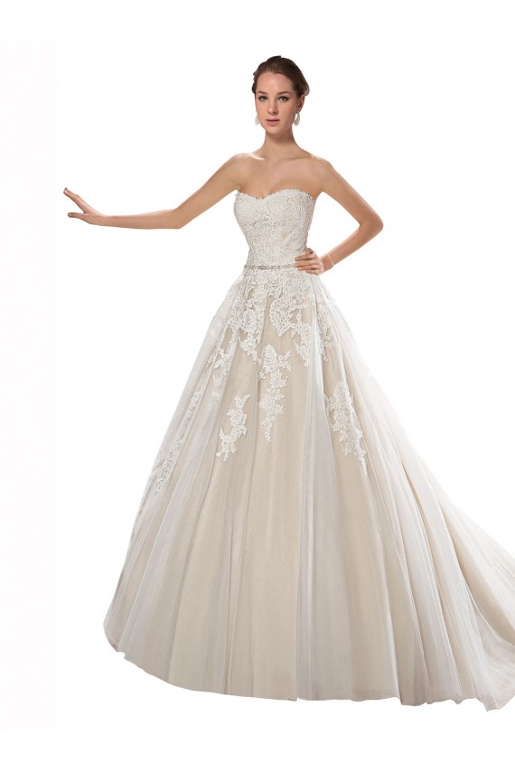 Chapel Train Sleeveless Tulle & Lace Ivory & Champagne Strapless A-Line Wedding Dress Colchester