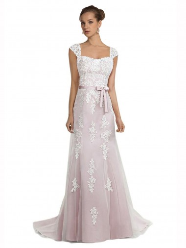 Sweep Train Sleeveless Tulle & Lace Ivory & Pink Mermaid Beach Wedding Dress Colchester