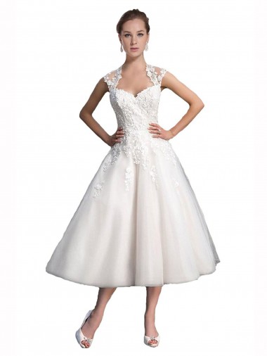 Tea Length Sleeveless Tulle & Lace Ivory A-Line Beach Wedding Dress Colchester