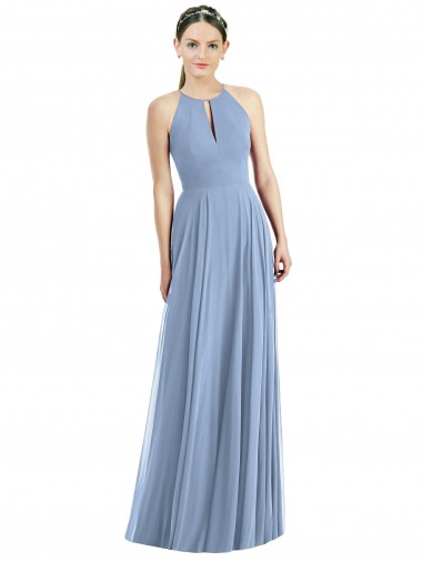 Long Sleeveless Soft Chiffon Dusty Blue Halter Neck A-Line Semi Formal Evening Dress / Bridesmaid Dress Colchester