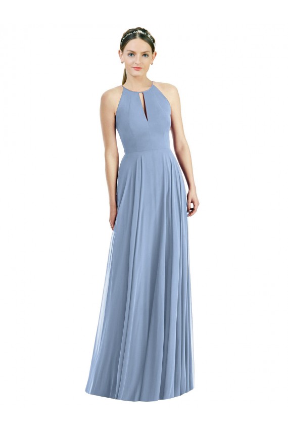 Long Sleeveless Soft Chiffon Dusty Blue Halter Neck A-Line Semi Formal Evening Dress / Bridesmaid Dress Colchester