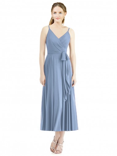 Tea Length Sleeveless Soft Chiffon Dusty Blue A-Line Bridesmaid Dress Colchester