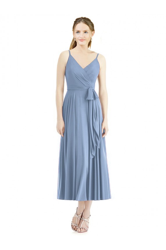 Tea Length Sleeveless Soft Chiffon Dusty Blue A-Line Bridesmaid Dress Colchester