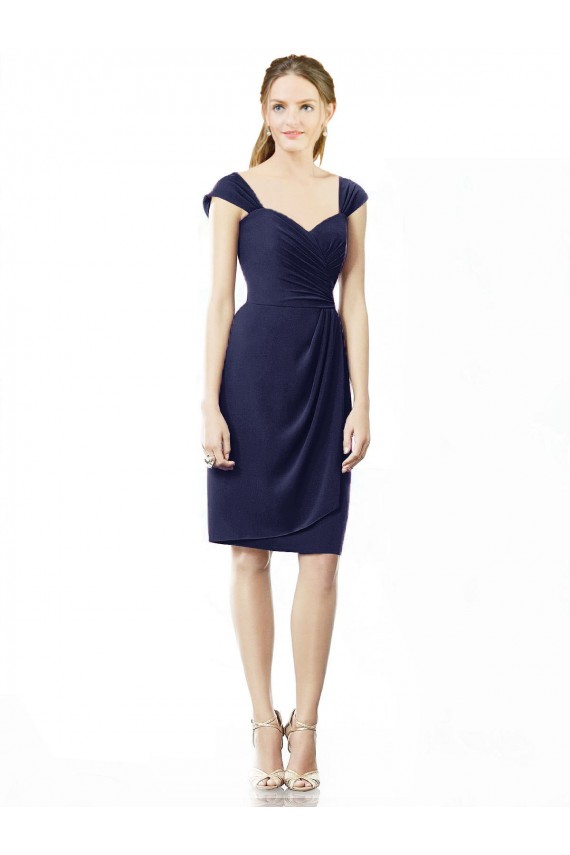 Knee Length Cap Sleeves Soft Chiffon Dark Navy Sheath Bridesmaid Dress Colchester