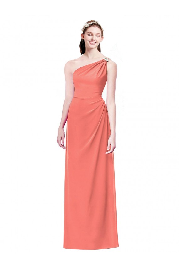 Long Sleeveless Soft Chiffon Coral One Shoulder A-Line Bridesmaid Dress Colchester