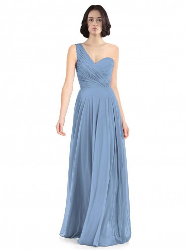 Long Sleeveless Soft Chiffon Dusty Blue One Shoulder A-Line Formal Dress / Bridesmaid Dress Colchester