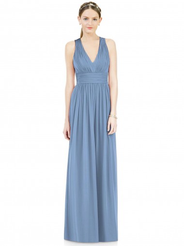Long Sleeveless Chiffon Dusty Blue V-Neck A-Line Bridesmaid Gowns Colchester