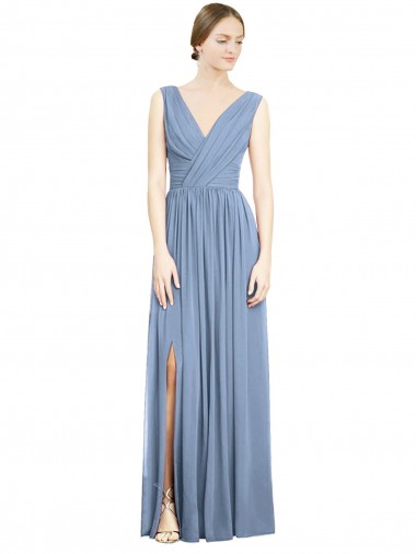 Long Sleeveless Soft Chiffon Dusty Blue A-Line Semi Formal Evening Dress / Bridesmaid Dress Colchester