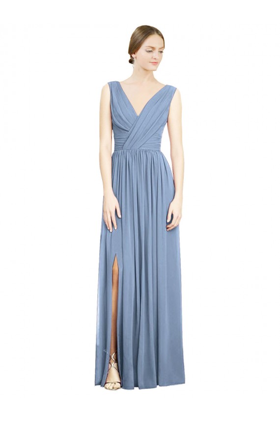 Long Sleeveless Soft Chiffon Dusty Blue A-Line Semi Formal Evening Dress / Bridesmaid Dress Colchester