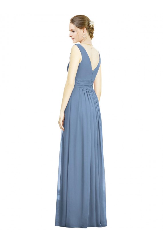 Long Sleeveless Soft Chiffon Dusty Blue A-Line Semi Formal Evening Dress / Bridesmaid Dress Colchester