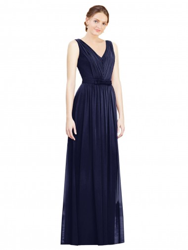 Long Sleeveless Chiffon Dark Navy V-Neck A-Line Bridesmaid Gowns Colchester
