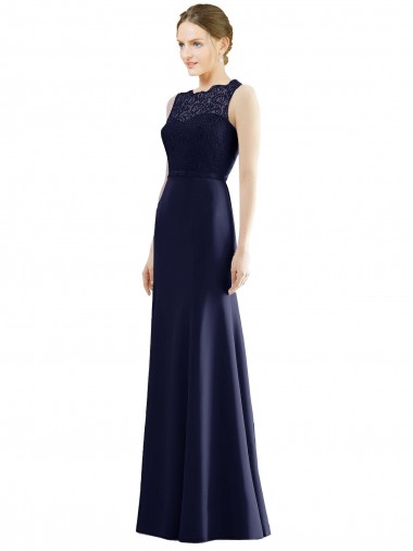 Long Sleeveless Soft Chiffon & Lace Dark Navy Mermaid Bridesmaid Dress Colchester