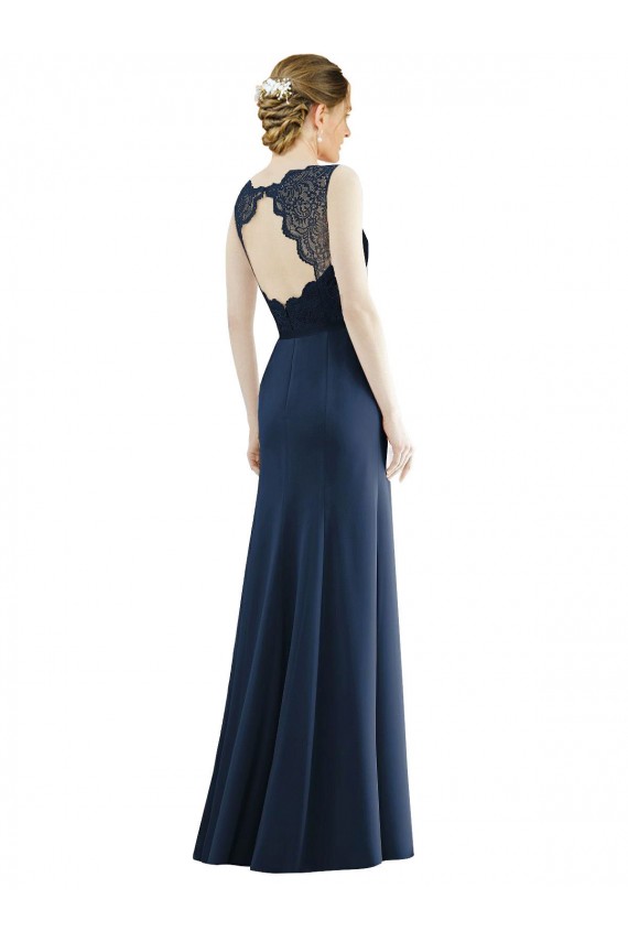 Long Sleeveless Soft Chiffon & Lace Dark Navy Mermaid Bridesmaid Dress Colchester