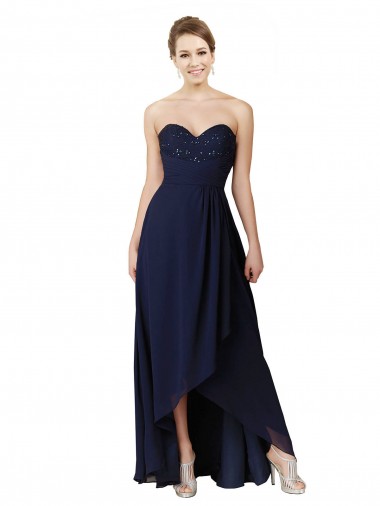Long Sleeveless Soft Chiffon Dark Navy A-Line High Low Bridesmaid Dress Colchester