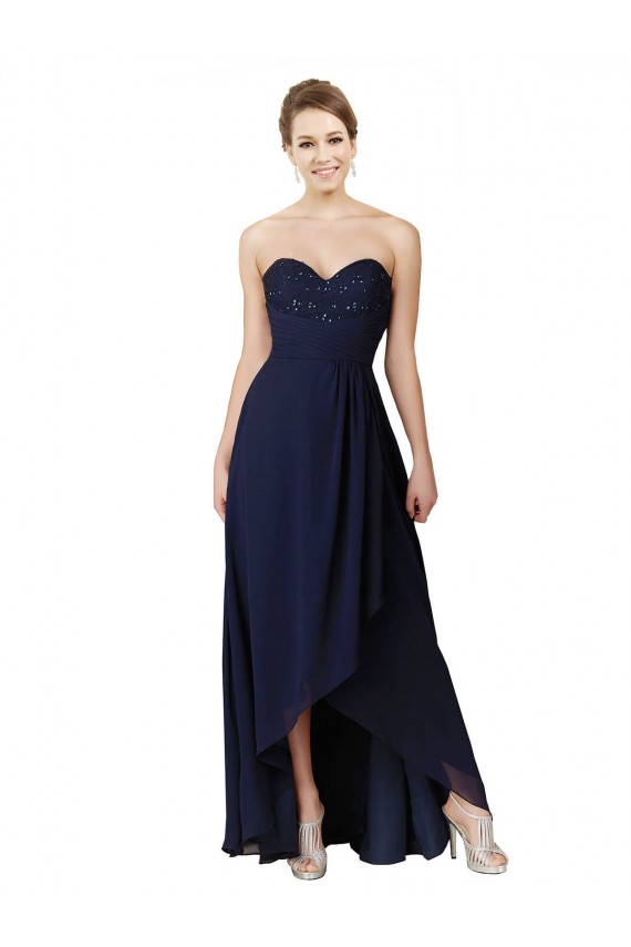 Long Sleeveless Soft Chiffon Dark Navy A-Line High Low Bridesmaid Dress Colchester