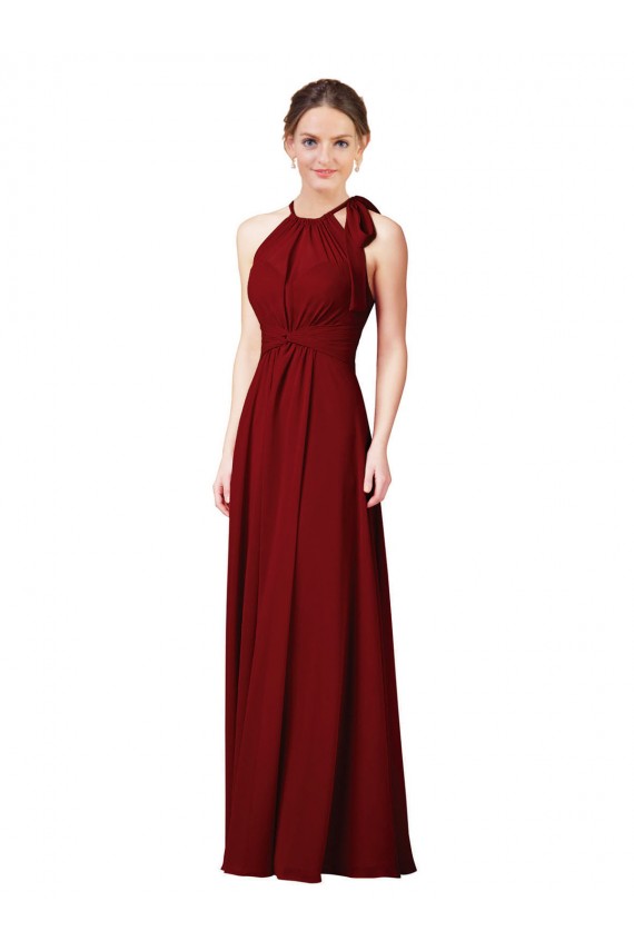 Long Sleeveless Soft Chiffon Burgundy Halter Neck Sheath Bridesmaid Dress Colchester