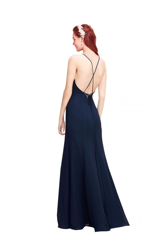 Long Sleeveless Soft Chiffon Dark Navy Halter Neck Mermaid Prom Dress / Bridesmaid Dress Colchester