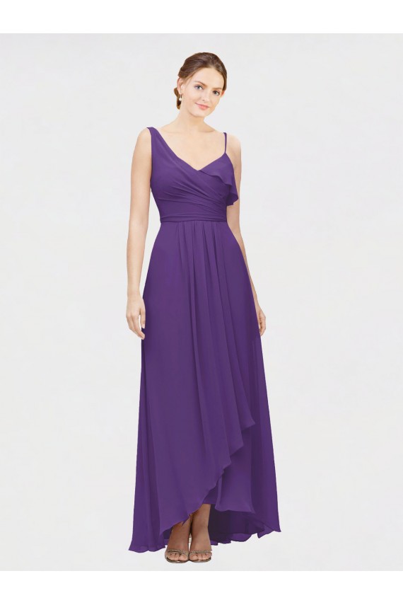Long Sleeveless Soft Chiffon Plum Purple A-Line High Low Bridesmaid Dress Colchester