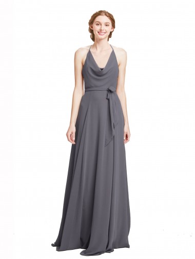 Long Sleeveless Soft Chiffon Slate Grey Spaghetti Straps A-Line Bridesmaid Dress Colchester