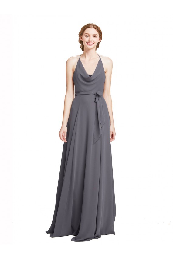 Long Sleeveless Soft Chiffon Slate Grey Spaghetti Straps A-Line Bridesmaid Dress Colchester