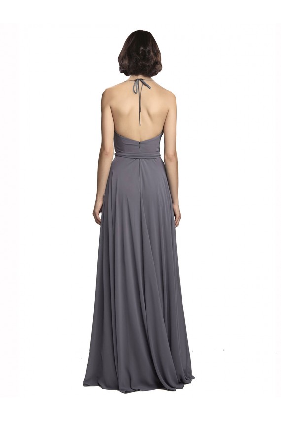 Long Sleeveless Soft Chiffon Slate Grey Spaghetti Straps A-Line Bridesmaid Dress Colchester