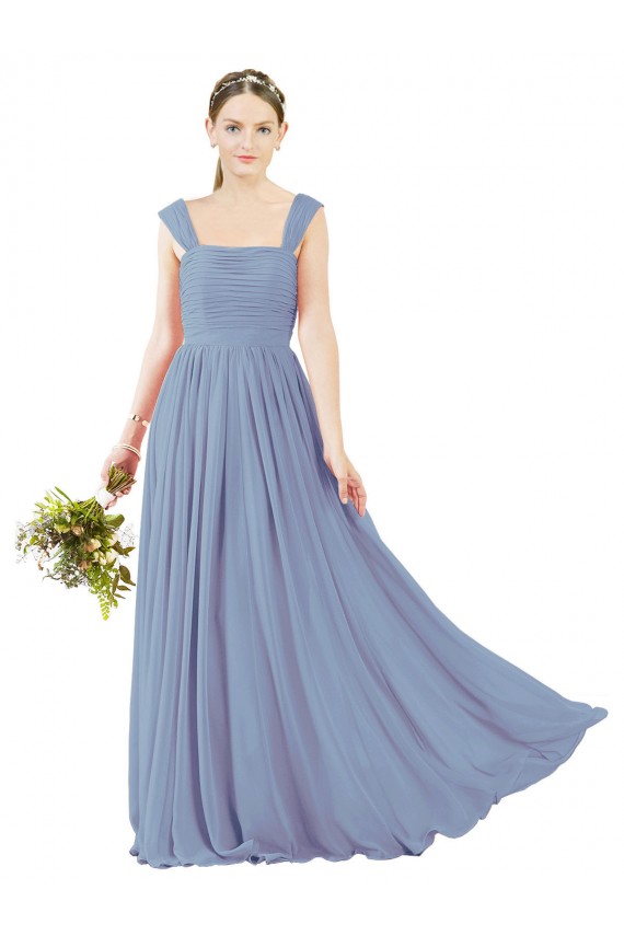 Long Sleeveless Soft Chiffon Dusty Blue Square Neck A-Line Bridesmaid Dress Colchester