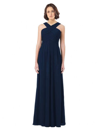 Long Floor Length Sleeveless Chiffon Dark Navy Off the Shoulder A-Line Bridesmaid Dress Colchester