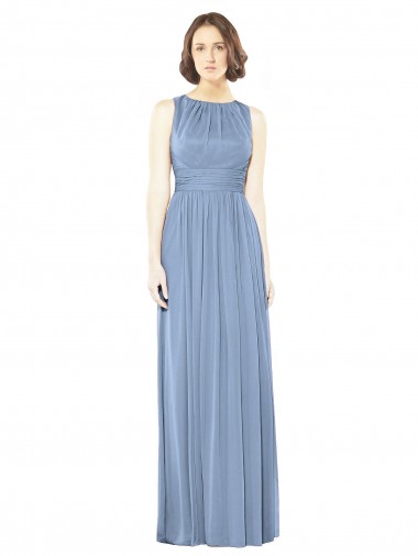 Long Sleeveless Soft Chiffon Dusty Blue Bateau Neck A-Line Bridesmaid Dress Colchester