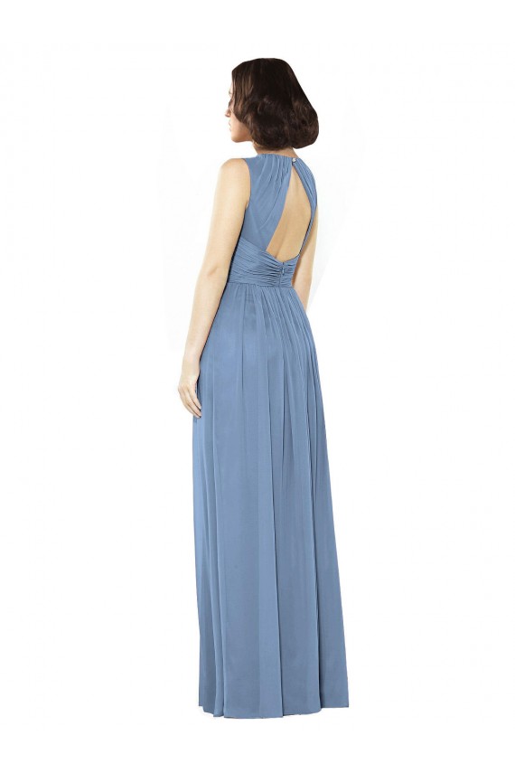 Long Sleeveless Soft Chiffon Dusty Blue Bateau Neck A-Line Bridesmaid Dress Colchester