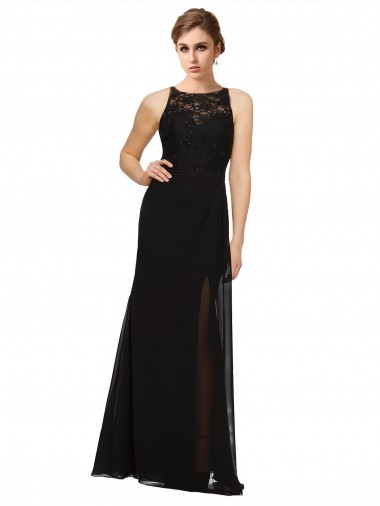 Long Sleeveless Soft Chiffon & Lace Black Sheath Bridesmaid Dress Colchester
